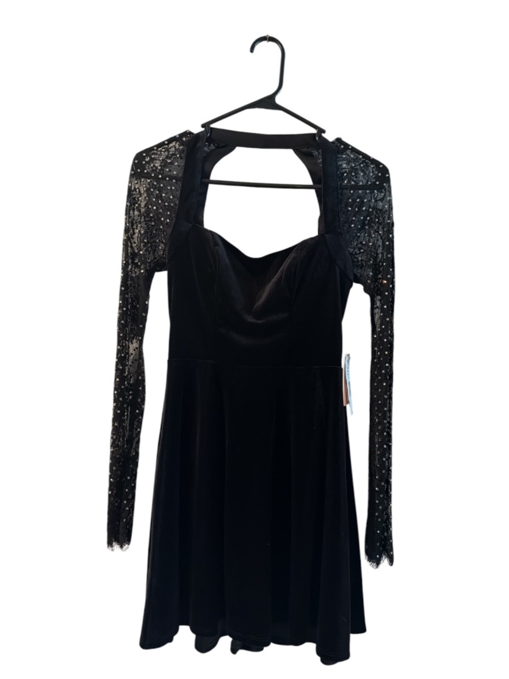 NWT City Vibe Black Velvet Rhinestone Lace Sleeve Party Dress Size 1